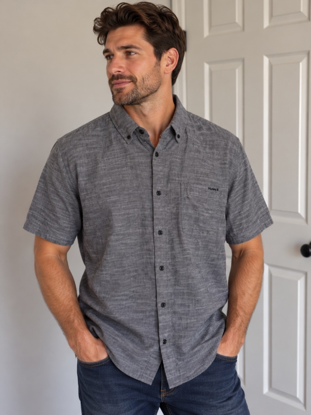 Hurley Men’s XL Gray Textured Short Sleeve Button Down Casual Shirt